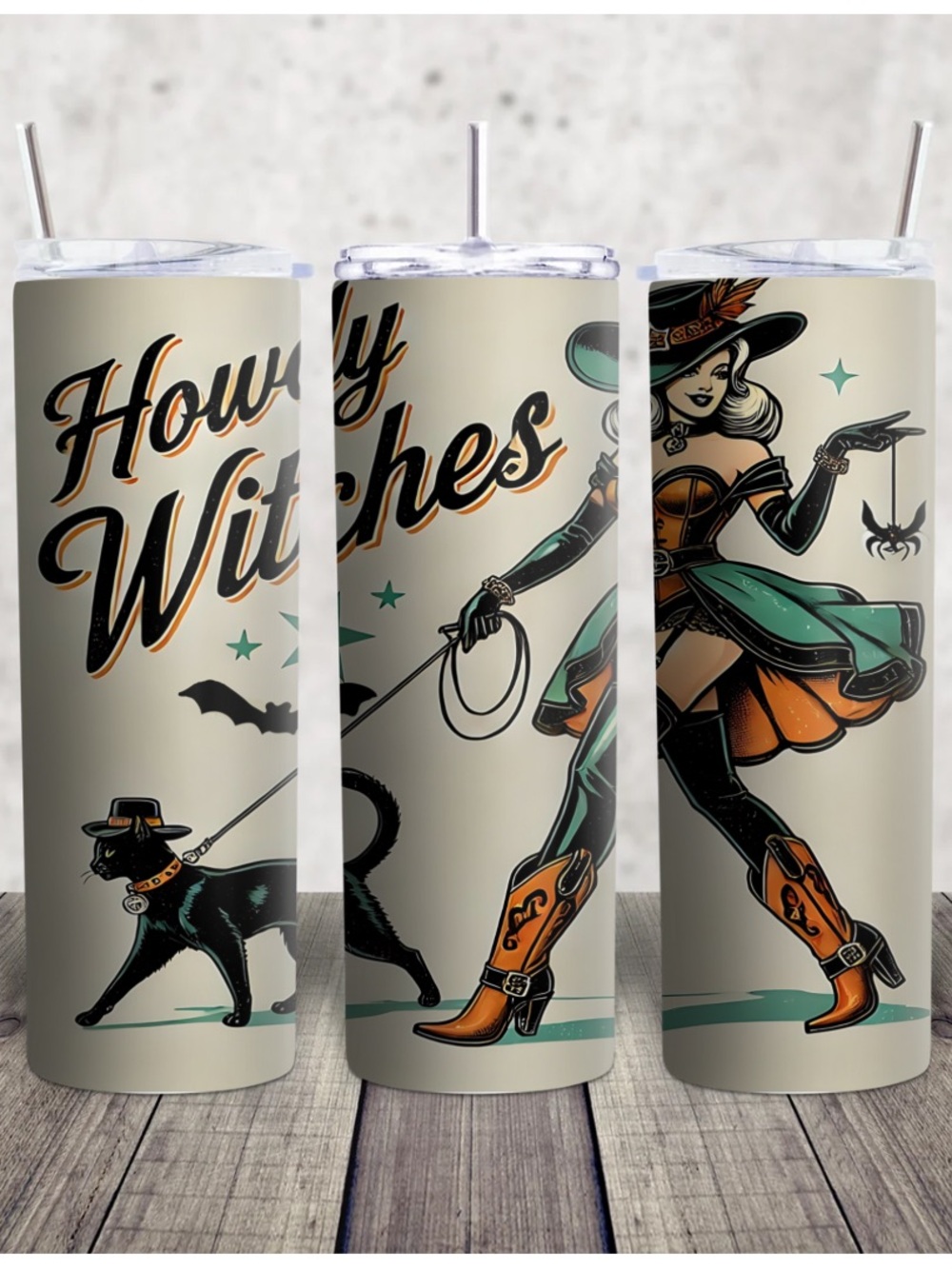 Hand Crafted Howdy Witches Cream, Black, Orange & Teal Stainless Tumbler Set